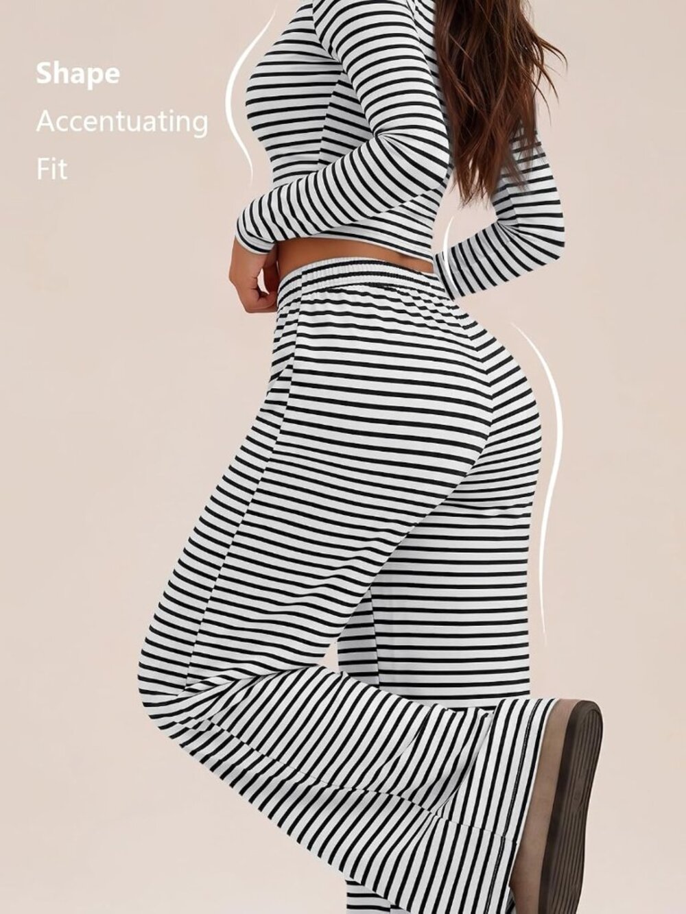 Women Striped White Black Winter Style Airport Lounge Set Pockets Wide Leg Pants - Picture 4 of 6